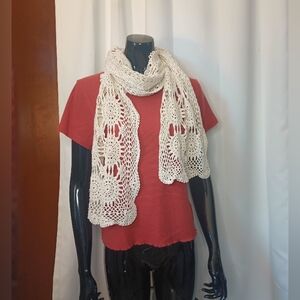 Womens Vintage Doily Crochet Scarf Ivory Cottagecore Dainty Boho Grandma Beach